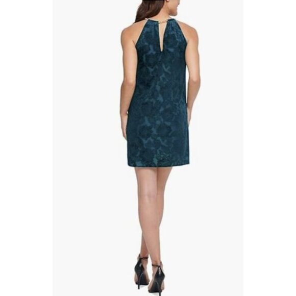 Kensie Shift Dress Womens 4 Teal Velvet Burnout Sleeveless Gold Strap Party Date - Picture 2 of 12